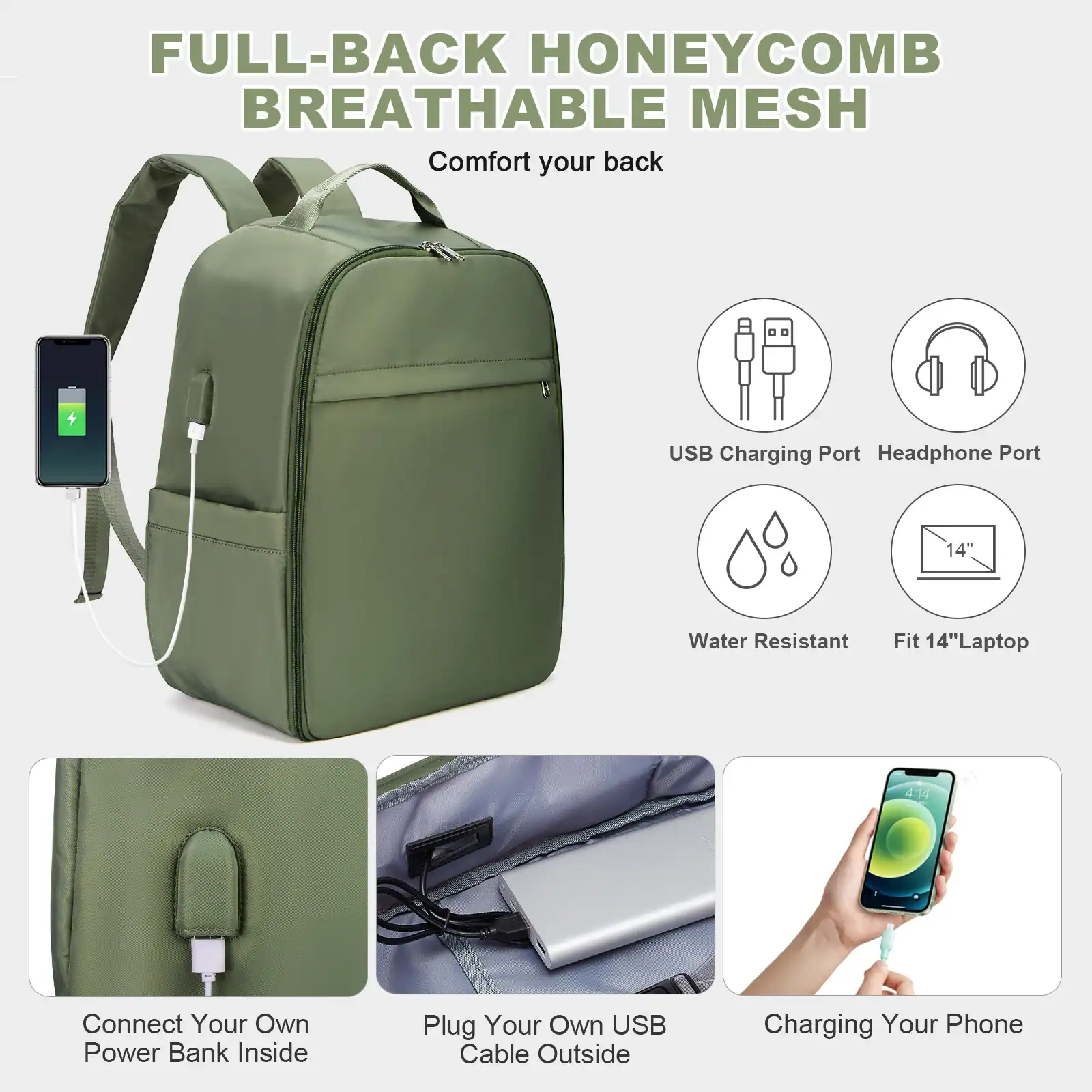 Optical backpack featuring USB charging port, headphone socket, water resistance, and 14" laptop compatibility for daily comfort and tech-friendly transport.