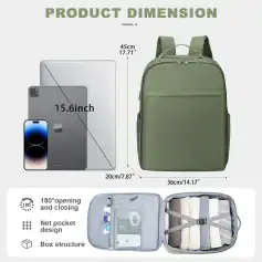Green backpack with 15.6-inch laptop, iPad, and phone for travel and daily use. Features spacious interior, 180° opening, net pocket design, and durable box structure, ideal for organizing medical or personal items.