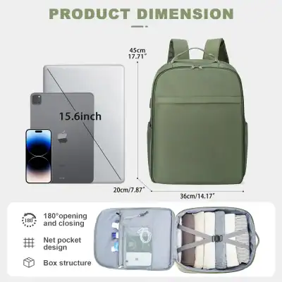 Green backpack with 15.6-inch laptop, iPad, and phone for travel and daily use. Features spacious interior, 180° opening, net pocket design, and durable box structure, ideal for organizing medical or personal items.