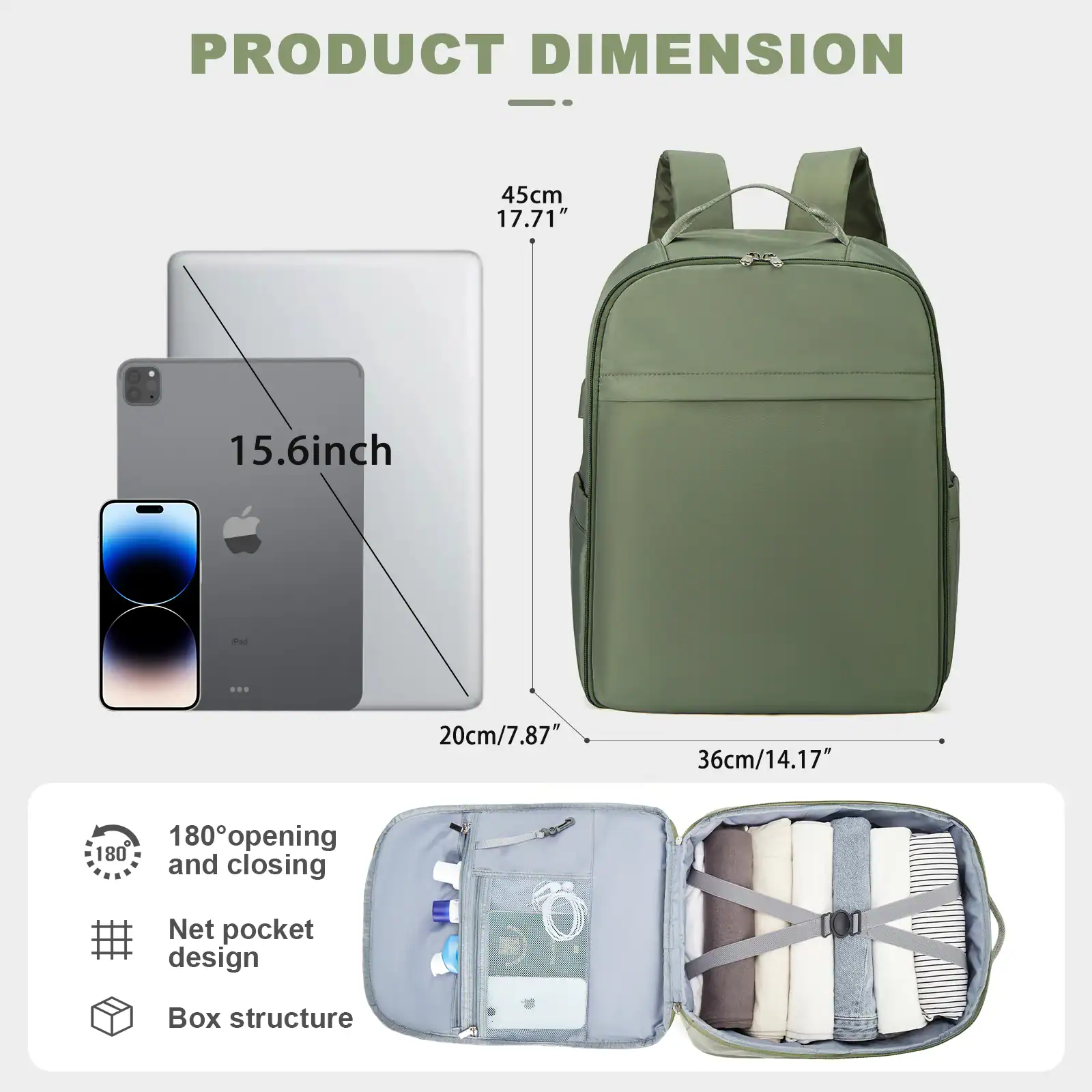 Green backpack with 15.6-inch laptop, iPad, and phone for travel and daily use. Features spacious interior, 180° opening, net pocket design, and durable box structure, ideal for organizing medical or personal items.