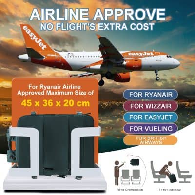 Lightweight, durable airline-approved luggage for easyJet, Ryanair, and British Airways with maximum size 45x36x20cm, perfect for overhead bins and underseat storage.