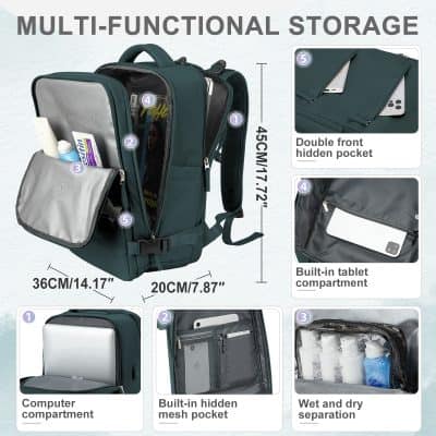 Versatile travel backpack with multiple compartments including hidden pockets and tablet slots, ideal for travel, work, or everyday use.