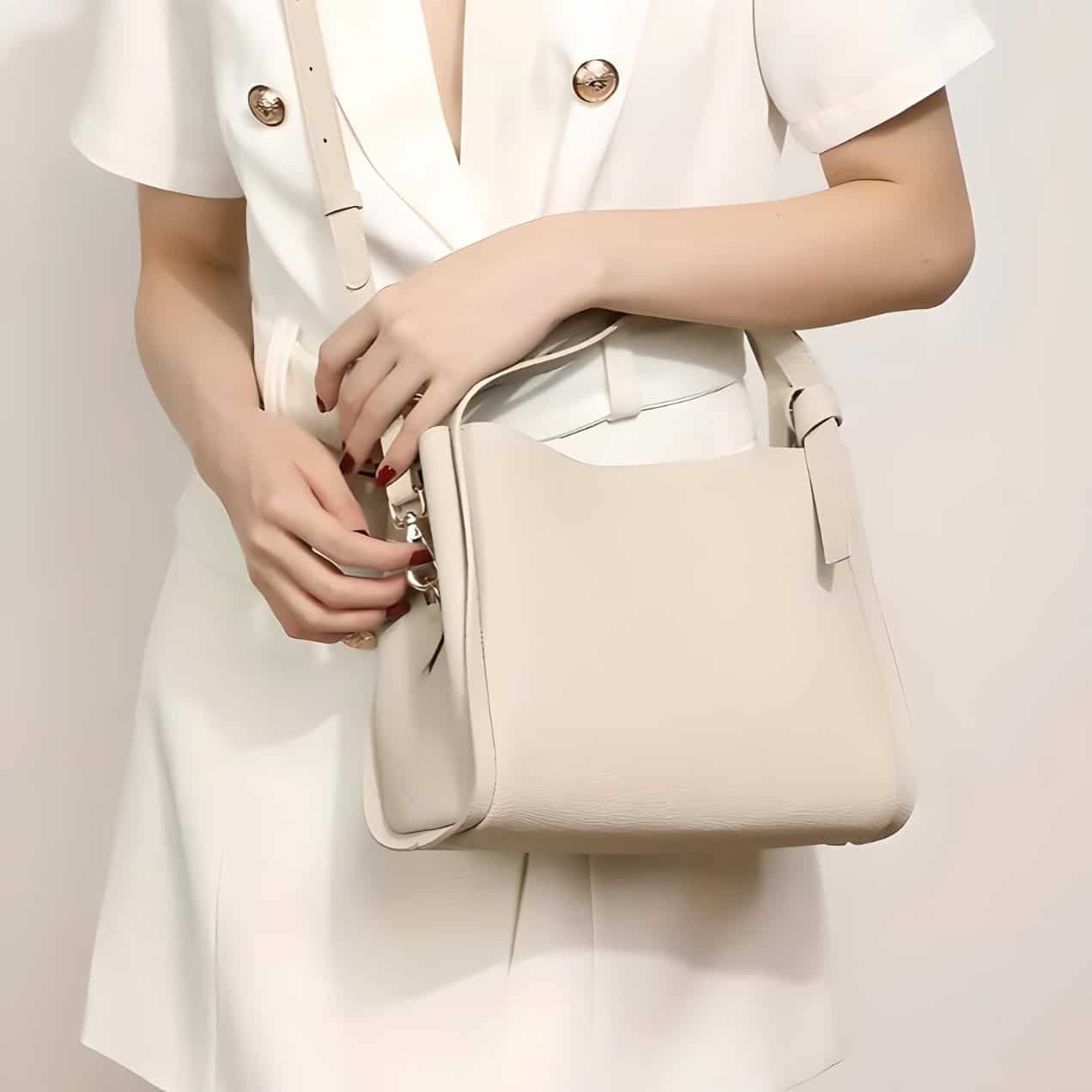 Luxurious beige handbag with gold accents held by a woman in a chic white outfit, ideal for fashion-conscious women looking for sophisticated accessories.