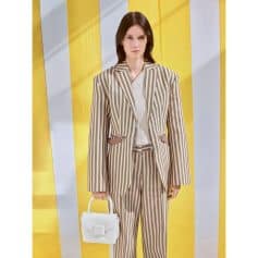 Elegant women's striped blazer and matching trousers, stylish office wear, professional look, Monalisa Medical Store, trendy women’s clothing, fashion-forward outfits.