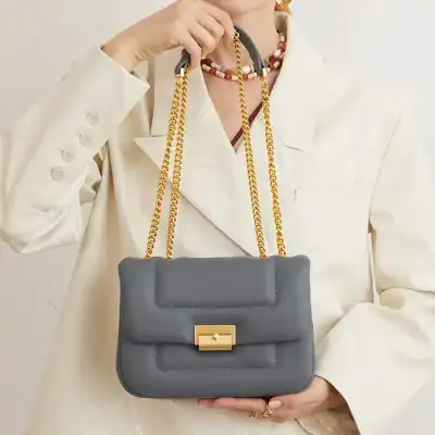 Stylish gray handbag with gold chain strap and hardware, perfect for fashion-forward women, made with high-quality materials, ideal for daily use and special occasions.