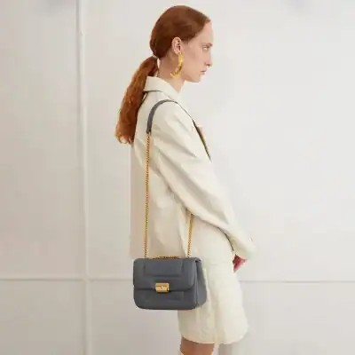 Elegant grey leather handbag with gold chain strap, perfect for women’s fashion or optical accessories.