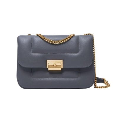 Elegant gray handbag with gold chain strap and hardware, perfect for stylish outings and formal events. Crafted with premium materials for durability and timeless fashion.