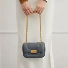 Elegant gray handbag with gold chain strap and clasp, perfect for stylish women. Compact design ideal for daily used and accessory upgrade.