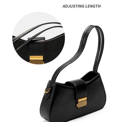Stylish black leather handbag with gold accents, perfect for fashion and daily use. Features adjustable strap and elegant design, ideal for women seeking a chic accessory.