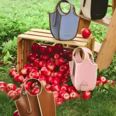Vibrant handbags displayed outdoors with fresh apples, showcasing trendy women's bags perfect for casual and fashion-forward occasions.