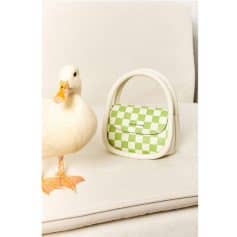 Elegant green checkered handbag from Mona Lisa Store with white handle, perfect for stylish outings or shopping trips. Features a compact design with a trendy pattern, ideal for fashion-conscious individuals.