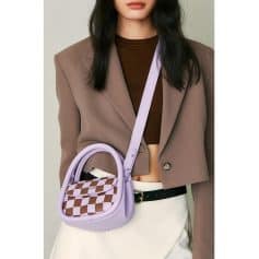 Lavender crossbody bag with checkered pattern, stylish accessory perfect for casual outings and fashionistas, combining functional design with trendy aesthetics for versatile wear.