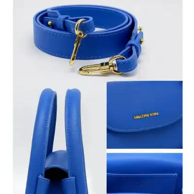 Vivid blue pet leash with gold hardware, matching bag with