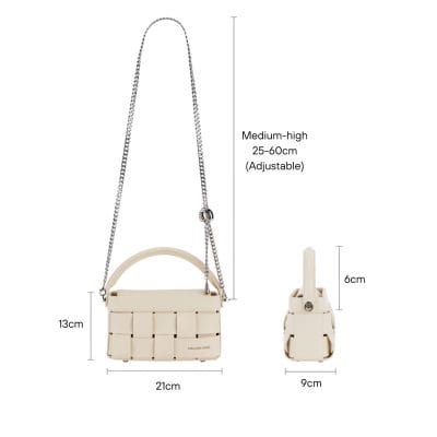 Elegant white mini handbag with chain strap, versatile for fashion and accessories, perfect for casual or formal outfits. Adjustable strap for comfortable wear.
