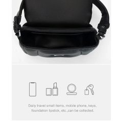 Compact black travel bag for storing daily essentials including mobile phone, keys, lipstick, and more.