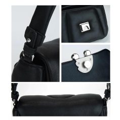 High-quality black leather tote with sleek silver hardware and sturdy shoulder straps for stylish everyday use. Perfect for professional or casual outfits.