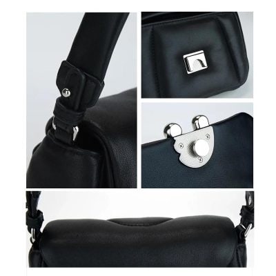 High-quality black leather tote with sleek silver hardware and sturdy shoulder straps for stylish everyday use. Perfect for professional or casual outfits.
