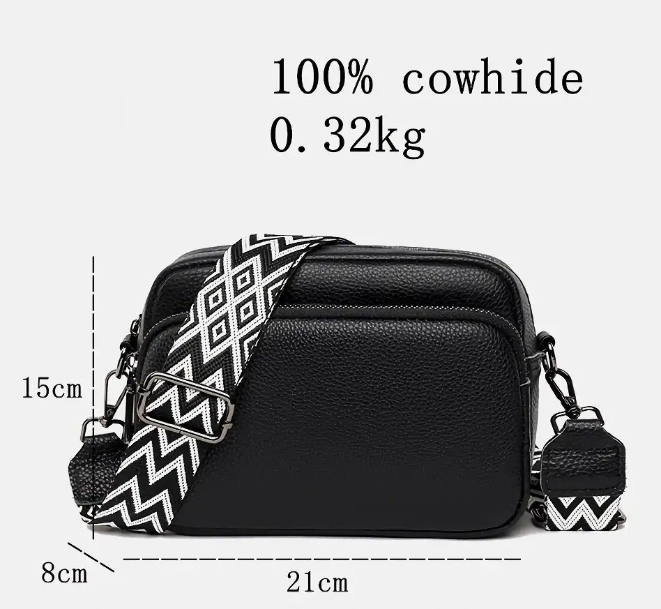 Black genuine leather shoulder bag with adjustable strap for women, stylish and durable travel accessory. Perfect for daily use and travel.