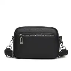 Stylish black leather crossbody bag with front zipper pocket, adjustable strap, perfect for everyday use or accessories. Durable, lightweight, and versatile for fashion-forward individuals.