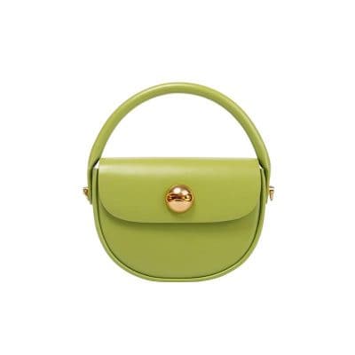 Bright green designer mini handbag with gold accent closure. Perfect for stylish, compact accessories for women.