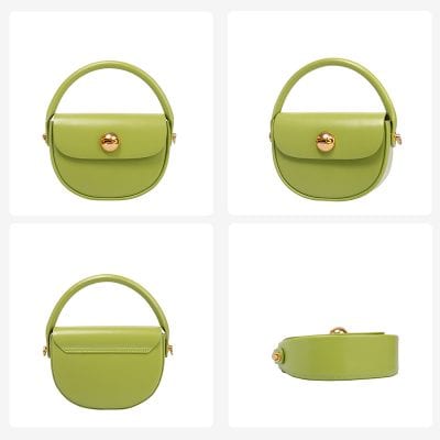 Stylish lime green mini handbag with a gold clasp, perfect for fashion-forward accessories and evening outings. Compact design offers convenience and elegance.