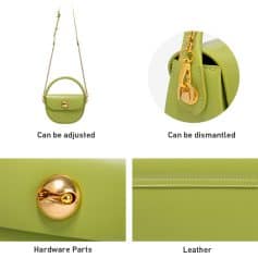 Luxury green handbag with adjustable strap, gold hardware, and detachable features, perfect for stylish accessories.