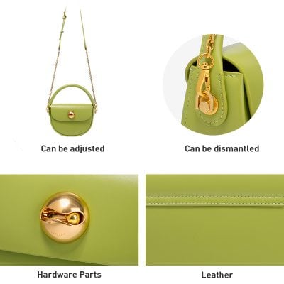 Luxury green handbag with adjustable strap, gold hardware, and detachable features, perfect for stylish accessories.