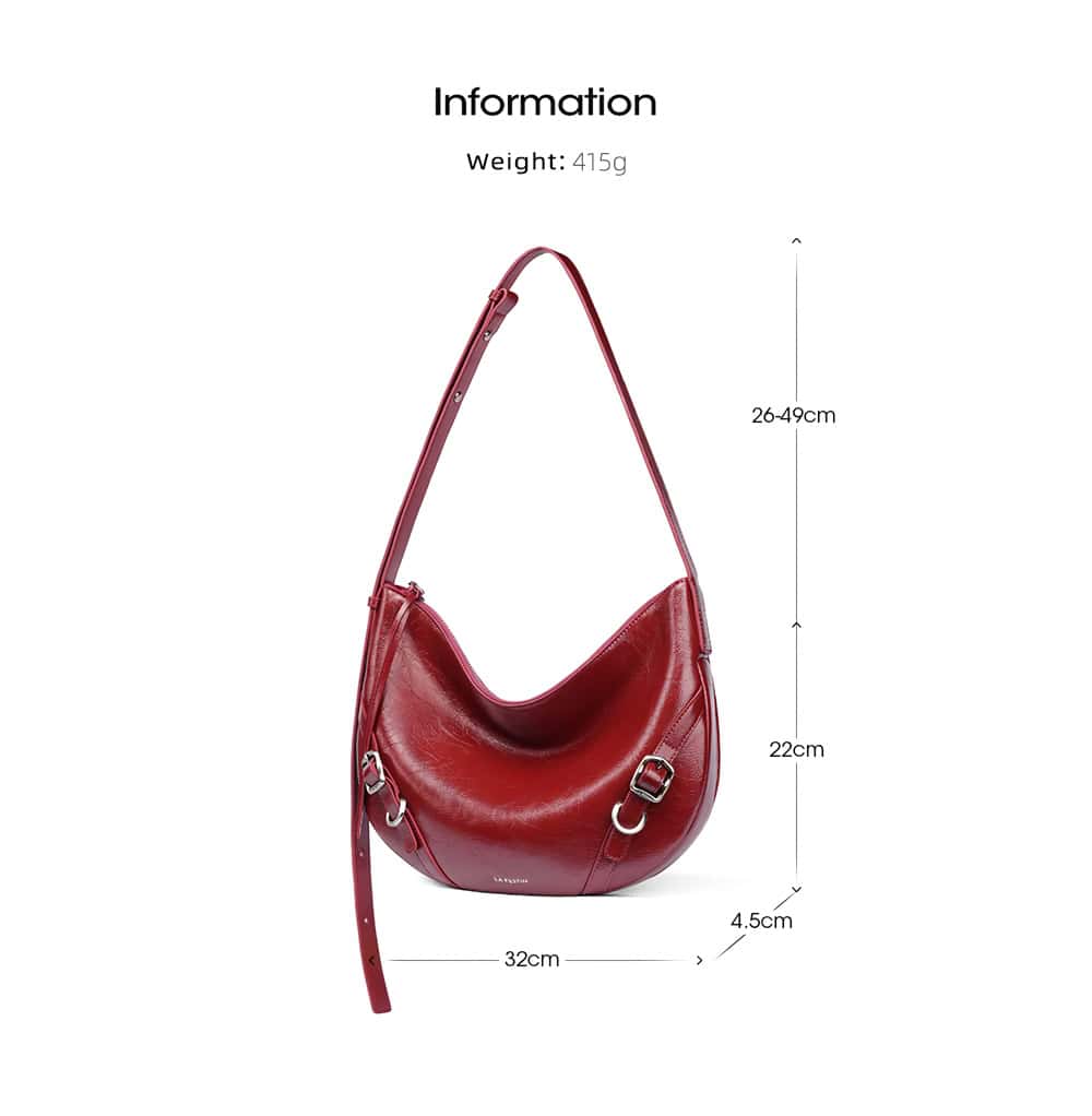 High-quality red leather shoulder bag with adjustable strap, spacious interior, and durable hardware, perfect for everyday use and fashionable outfits.