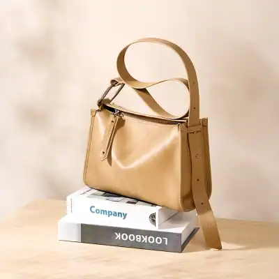 Chic beige women's handbag with adjustable strap, zipper closure, and minimalist design. Perfect accessory for daily use and fashionable look.