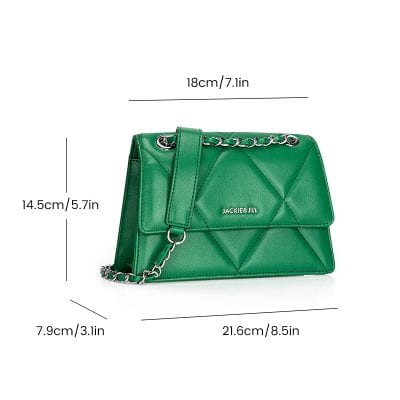 Stylish green leather shoulder bag with chain strap, perfect for eye care and optical accessories. Features a secure flap closure and elegant design for women’s eyewear accessories.