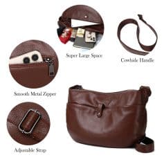 Premium leather handbag with spacious interior, cowhide handle, smooth metal zipper, adjustable strap, perfect for women's accessories, daily use, and travel.