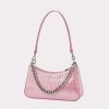 Stylish pink handbag featuring a textured crocodile pattern and a silver chain strap, perfect for fashion-forward accessories and daily or evening use.