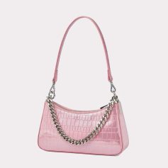 Stylish pink handbag featuring a textured crocodile pattern and a silver chain strap, perfect for fashion-forward accessories and daily or evening use.