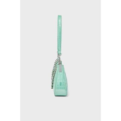 Stylish mint green crocodile-embossed handbag with silver chain strap and metallic accents, perfect for fashion-forward accessories.