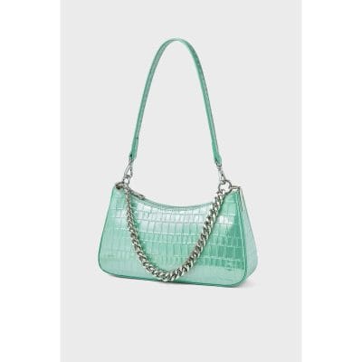 Elegant mint green handbag featuring crocodile texture and a silver chain strap, perfect for fashion-forward accessories at Monalisa Store.