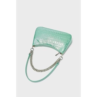 Luxurious teal croc-embossed handbag with chain strap, zipper closure, perfect for fashion-forward eyewear accessories and stylish optical cases.