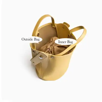 Stylish handbag with labeled inside and outside compartments, featuring a drawstring inner bag, perfect for fashion-conscious women seeking versatile, functional accessories.