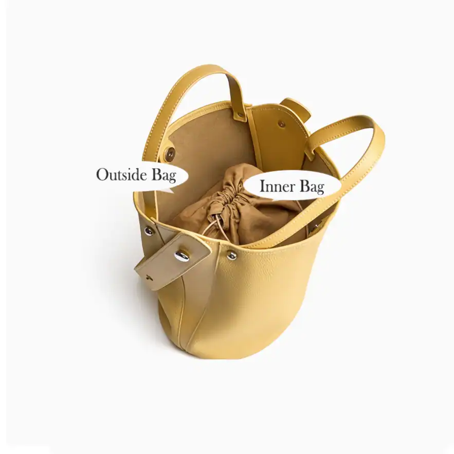 Stylish handbag with labeled inside and outside compartments, featuring a drawstring inner bag, perfect for fashion-conscious women seeking versatile, functional accessories.