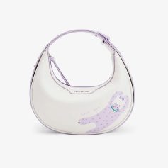 Bright white baby bib featuring a purple polka dot cat illustration, "Love You" message, and adjustable purple strap for comfortable fit, ideal for baby feeding and baby shower gifts.