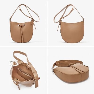 Stylish beige leather shoulder bag with adjustable strap, tassel detail, and spacious interior for women’s fashion accessories.