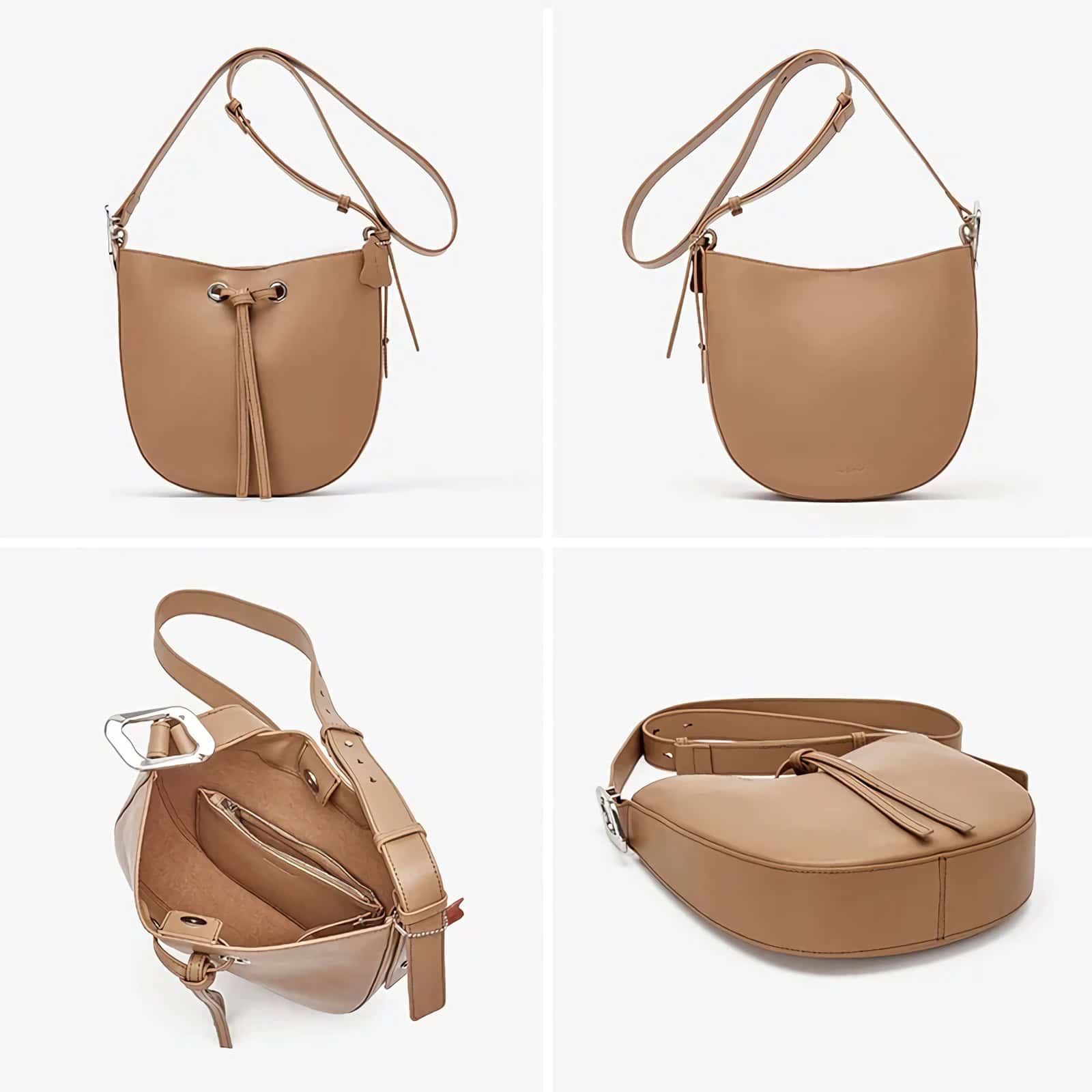 Stylish beige leather shoulder bag with adjustable strap, tassel detail, and spacious interior for women’s fashion accessories.