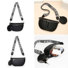 Versatile black handbag with geometric patterned strap and coin holder, ideal for fashion enthusiasts and daily outings.