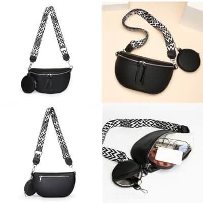 Versatile black handbag with geometric patterned strap and coin holder, ideal for fashion enthusiasts and daily outings.