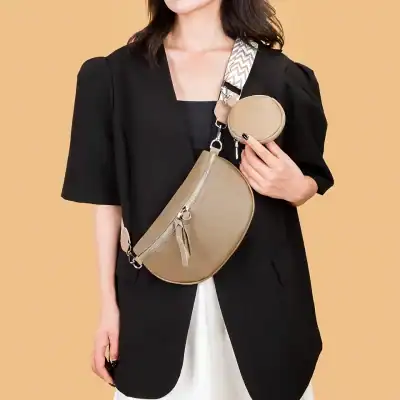 Elegant beige crossbody bag and coin purse for women, ideal for daily essentials and fashion accessories, designed for convenience and style.