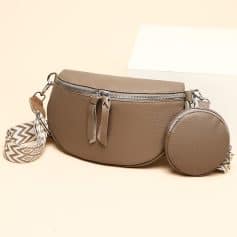 Elegant beige handbag with detachable round coin purse and printed strap for stylish optical and sunglass storage.