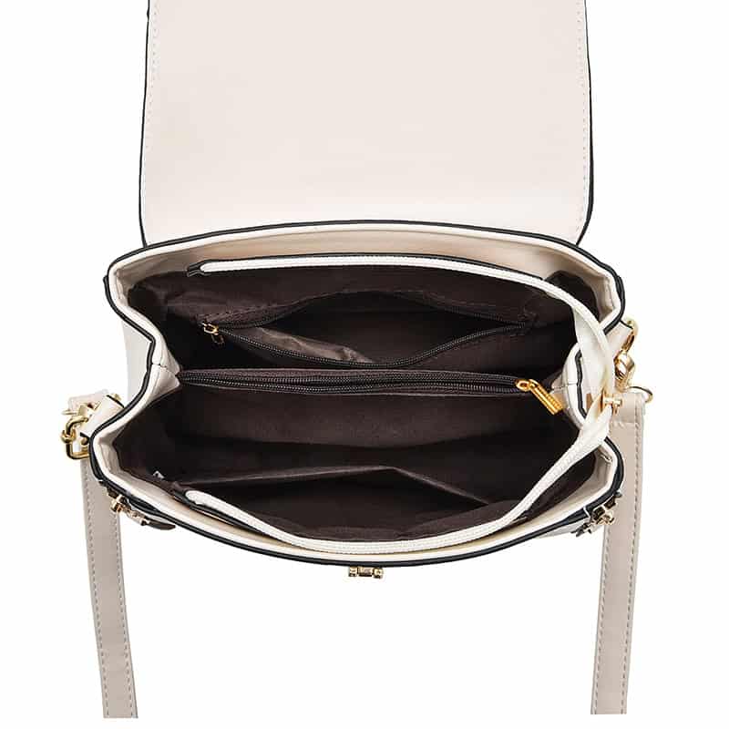 Elegant beige handbag with spacious interior, multiple zippered compartments, and interior slip pockets for organizing essentials. Perfect for fashion-forward professionals.