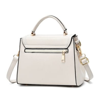Stylish white handbag with gold accents, zip closure, and versatile strap, perfect for fashion-forward occasions and shopping.