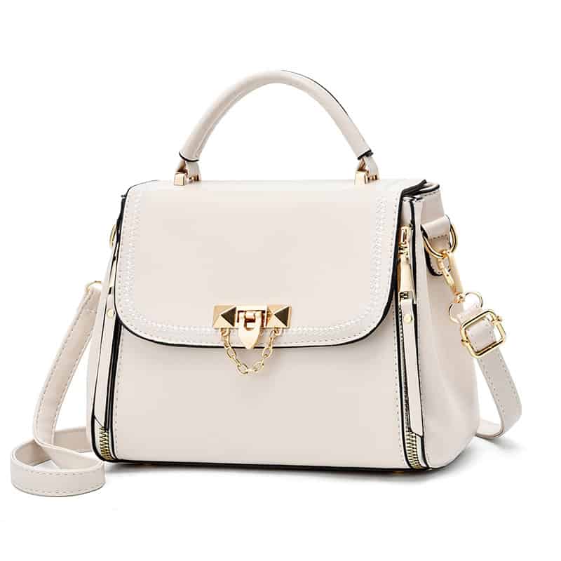Stylish white handbag with gold accents, perfect for fashion-forward women seeking luxury accessories. Ideal for daily use and special occasions.