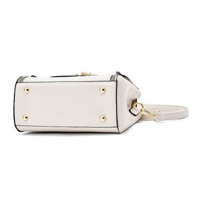 Stylish white leather handbag with gold accents, perfect for fashion-forward accessories.