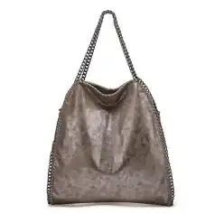 Elegant metallic leather tote with chain strap, perfect for fashion-forward looks and everyday wear. Features a spacious interior and stylish design at Monalisa Medical.